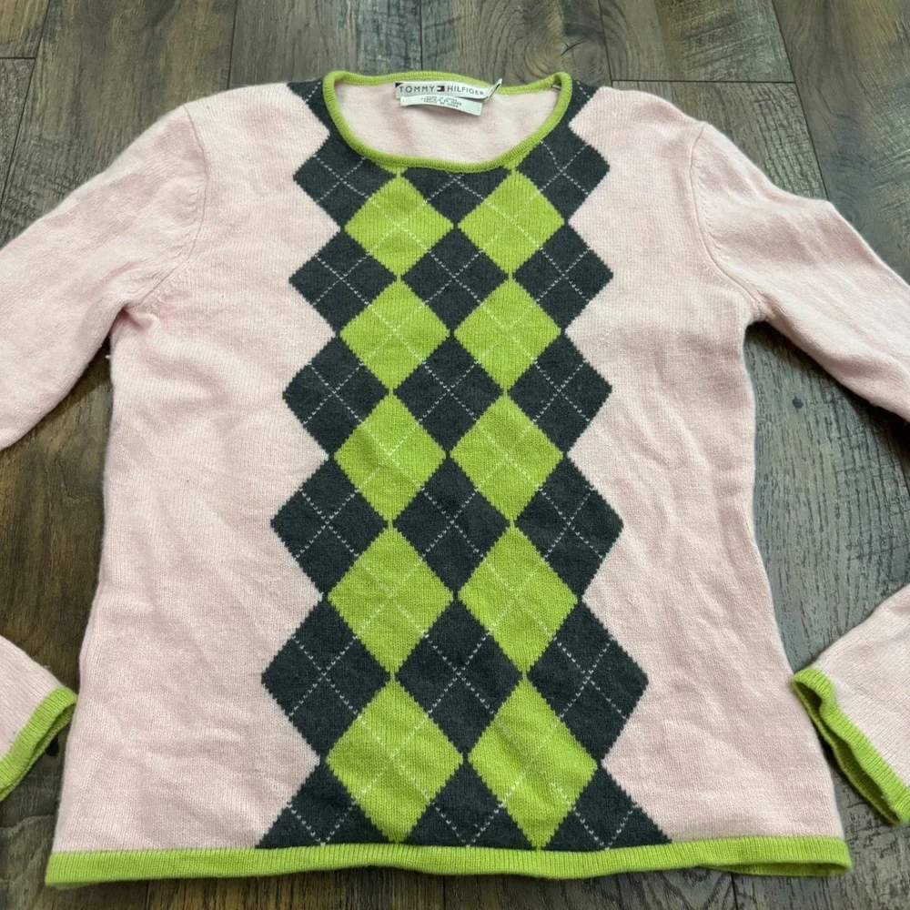 Tommy Hilfiger Pink Argyle Sweater Wool Cashmere Blend Womens L Y2K Preppy Knit